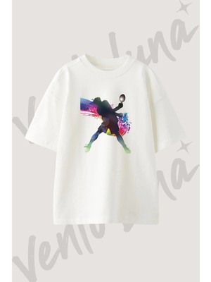 Masa Tenisi Tasarım Baskılı Unisex Oversize Kalıp Beyaz Tshirt