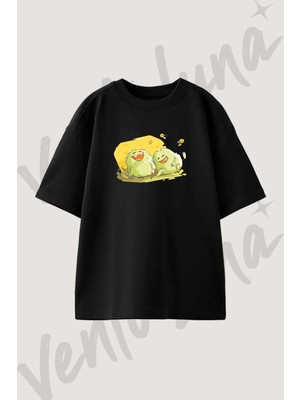 Cartoon Monsters Tasarım Baskılı Unisex Oversize Kalıp Siyah Tshirt