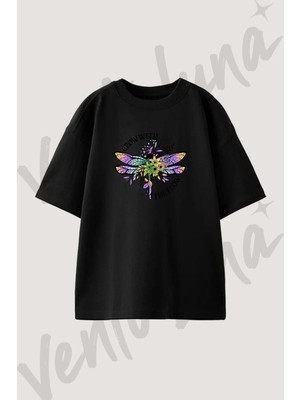 Floral Dragonfly_1 Tasarım Baskılı Unisex Oversize Kalıp Siyah Tshirt