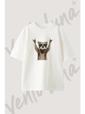 Rakun Rock Gozluk Tasarım Baskılı Unisex Oversize Kalıp Beyaz Tshirt