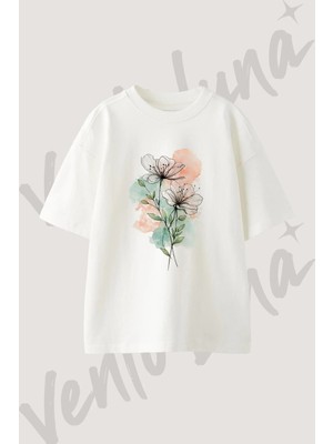 Flower Lineart Watercolor Tasarım Baskılı Unisex Oversize Kalıp Beyaz Tshirt