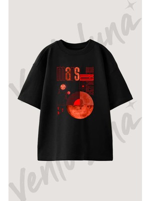 Mars Red Planet Tasarım Baskılı Unisex Oversize Kalıp Siyah Tshirt
