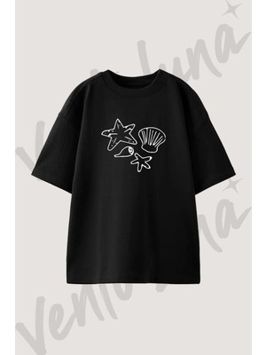 Denizyildizlari Kabuklar Tasarım Baskılı Unisex Oversize Kalıp Siyah Tshirt