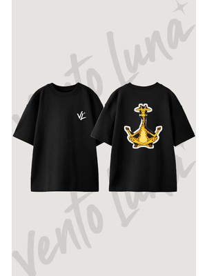 Yoga Giraffe Tasarım Sırt Baskılı Pamuk Siyah Oversize T-Shirt