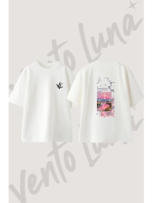 Pembe Dag Kelebek Tasarım Sırt Baskılı Pamuk Beyaz Oversize T-Shirt