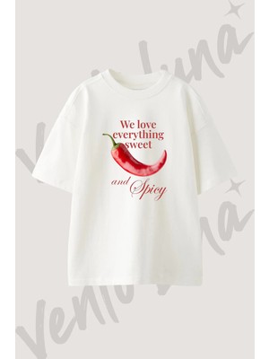Red Chili_1 Tasarım Baskılı Unisex Oversize Kalıp Beyaz Tshirt