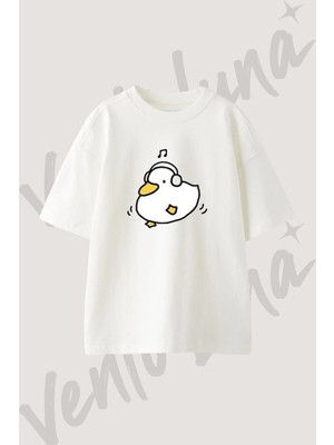 Duck Headphones_1 Tasarım Baskılı Unisex Oversize Kalıp Beyaz Tshirt