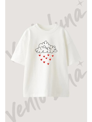 Ask Yagmuru Tasarım Baskılı Unisex Oversize Kalıp Beyaz Tshirt