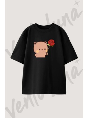 Ayicik Gul Tasarım Baskılı Unisex Oversize Kalıp Siyah Tshirt
