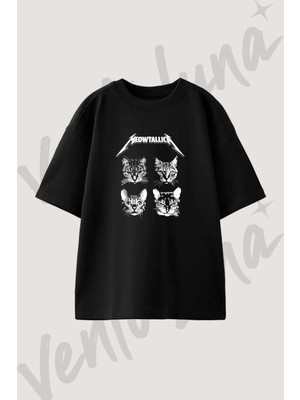 Meowtallica Tasarım Baskılı Unisex Oversize Kalıp Siyah Tshirt