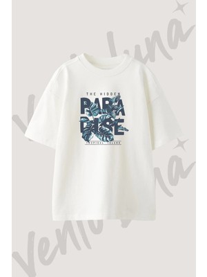 Tropical Paradise Tasarım Baskılı Unisex Oversize Kalıp Beyaz Tshirt