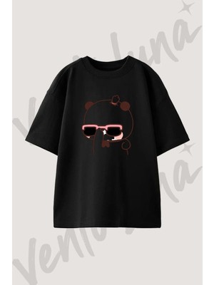 Sevimli Panda Gozluk Tasarım Baskılı Unisex Oversize Kalıp Siyah Tshirt