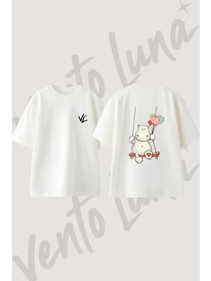 Hipopotam Salincak Tasarım Sırt Baskılı Pamuk Beyaz Oversize T-Shirt