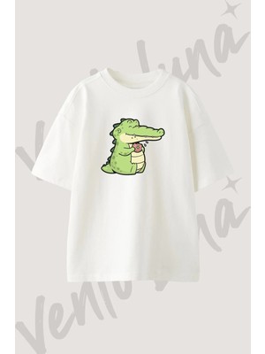 Crocodile Donut Tasarım Baskılı Unisex Oversize Kalıp Beyaz Tshirt