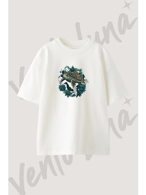 Deniz Kaplumbagasi_3 Tasarım Baskılı Unisex Oversize Kalıp Beyaz Tshirt