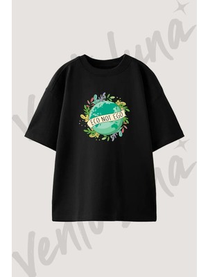 Eco Not Ego Tasarım Baskılı Unisex Oversize Kalıp Siyah Tshirt