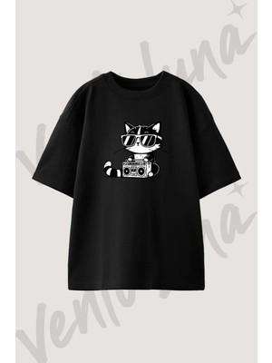 Kedi Boombox Tasarım Baskılı Unisex Oversize Kalıp Siyah Tshirt