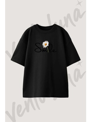 Smile Daisy Tasarım Baskılı Unisex Oversize Kalıp Siyah Tshirt