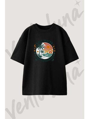 Deniz Gunes Tasarım Baskılı Unisex Oversize Kalıp Siyah Tshirt