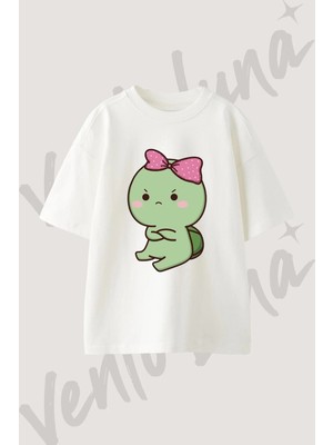 Kizgin Kaplumbaga Tasarım Baskılı Unisex Oversize Kalıp Beyaz Tshirt