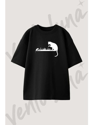 Cat Mouse Chess Tasarım Baskılı Unisex Oversize Kalıp Siyah Tshirt