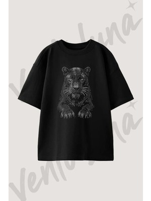 Tiger Art_1 Tasarım Baskılı Unisex Oversize Kalıp Siyah Tshirt
