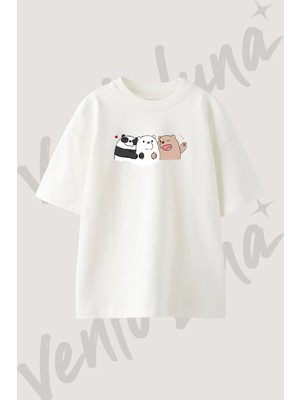 We Bare Bears Tasarım Baskılı Unisex Oversize Kalıp Beyaz Tshirt