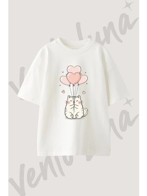 Cat Heart Balloons Tasarım Baskılı Unisex Oversize Kalıp Beyaz Tshirt