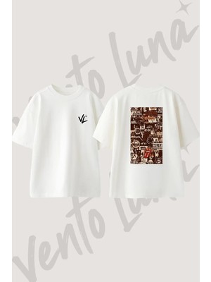 Rock Band Collage Tasarım Sırt Baskılı Pamuk Beyaz Oversize T-Shirt