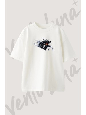 Klasik Motosiklet Tasarım Baskılı Unisex Oversize Kalıp Beyaz Tshirt