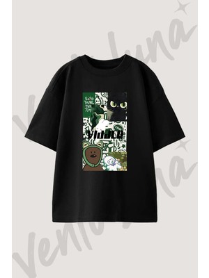 Kedi Tavsan Ayicik Tasarım Baskılı Unisex Oversize Kalıp Siyah Tshirt