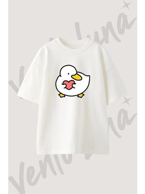 Duck Heart_1 Tasarım Baskılı Unisex Oversize Kalıp Beyaz Tshirt