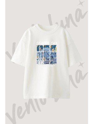 Starry Sky Tasarım Baskılı Unisex Oversize Kalıp Beyaz Tshirt