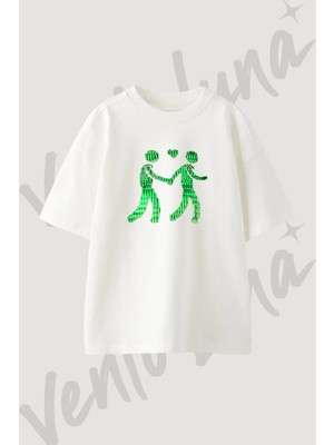 Green Couple Tasarım Baskılı Unisex Oversize Kalıp Beyaz Tshirt