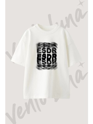 Esdr Strip Deconstruction Tasarım Baskılı Unisex Oversize Kalıp Beyaz Tshirt