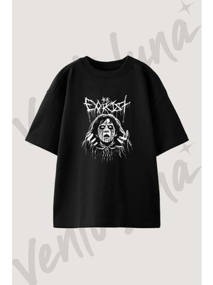 Exorcist Horror Tasarım Baskılı Unisex Oversize Kalıp Siyah Tshirt