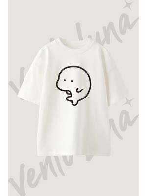 Meme Manatee Tasarım Baskılı Unisex Oversize Kalıp Beyaz Tshirt