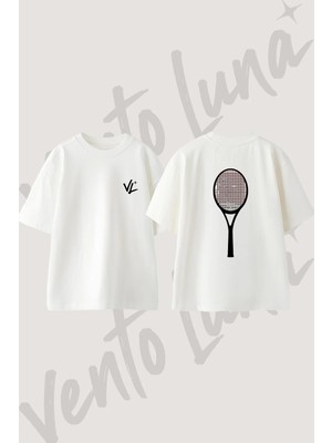 Tenis Raketi Tasarım Sırt Baskılı Pamuk Beyaz Oversize T-Shirt