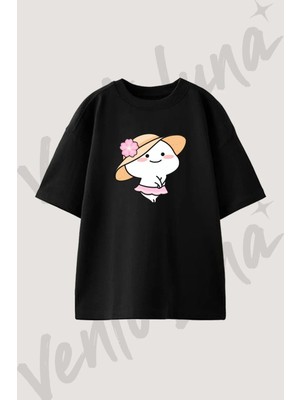 Mochi Karakter Tasarım Baskılı Unisex Oversize Kalıp Siyah Tshirt