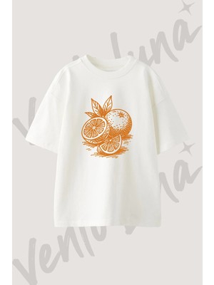 Turuncu Çizim Portakal Tasarım Baskılı Unisex Oversize Kalıp Beyaz Tshirt