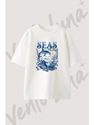 Dolphin Ocean Tasarım Baskılı Unisex Oversize Kalıp Beyaz Tshirt