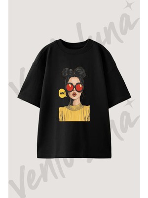 Pop Kiz Tasarım Baskılı Unisex Oversize Kalıp Siyah Tshirt