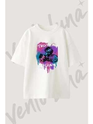 Dumbbell Therapy Tasarım Baskılı Unisex Oversize Kalıp Beyaz Tshirt