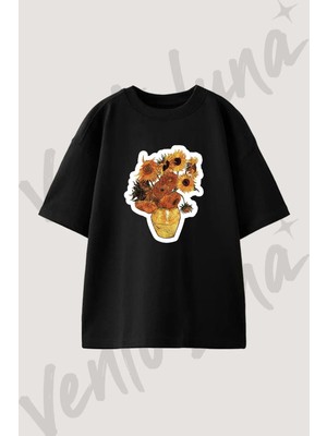 Van Gogh Sunflowers Tasarım Baskılı Unisex Oversize Kalıp Siyah Tshirt