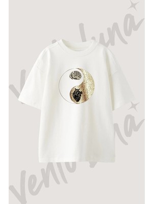 Brain Heart Tasarım Baskılı Unisex Oversize Kalıp Beyaz Tshirt