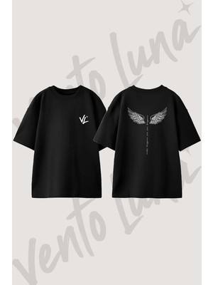 Melek Kanadi Tasarım Sırt Baskılı Pamuk Siyah Oversize T-Shirt