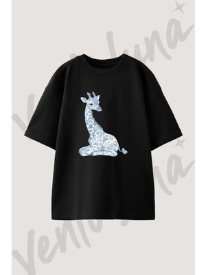 Floral Giraffe Tasarım Baskılı Unisex Oversize Kalıp Siyah Tshirt