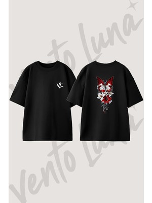 Kelebek Kalp Zambak Tasarım Sırt Baskılı Pamuk Siyah Oversize T-Shirt