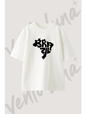 Brazil Map Tasarım Baskılı Unisex Oversize Kalıp Beyaz Tshirt