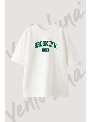 Brooklyn Usa Tasarım Baskılı Unisex Oversize Kalıp Beyaz Tshirt